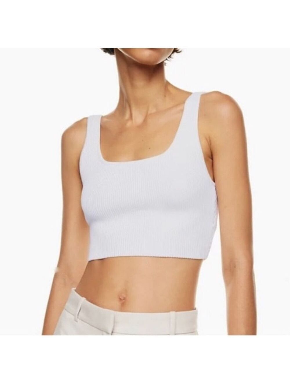 Babaton White Ribbed Crop square neck Classic Top small